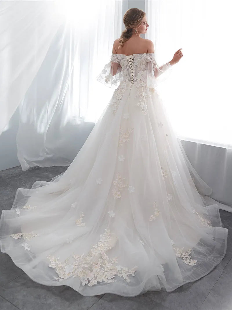 Charming A-Line Off-Shoulder Flutter Sleeve Tulle Lace Lace-Up Floor-Length Wedding Dress
