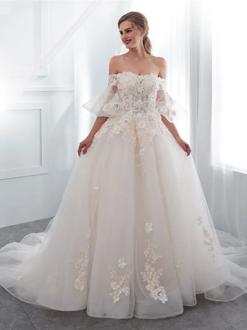 Charming A-Line Off-Shoulder Flutter Sleeve Tulle Lace Lace-Up Floor-Length Wedding Dress