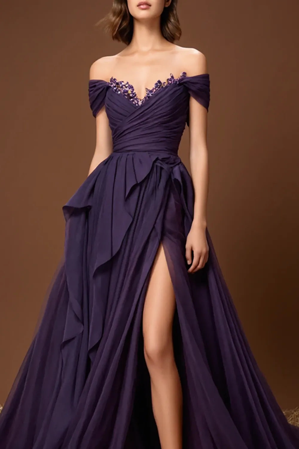 Charming A-Line Off-the-Shoulder Sleeveless Back Zip Floor-Length Purple Pleated Tulle Prom Dress with High Slit