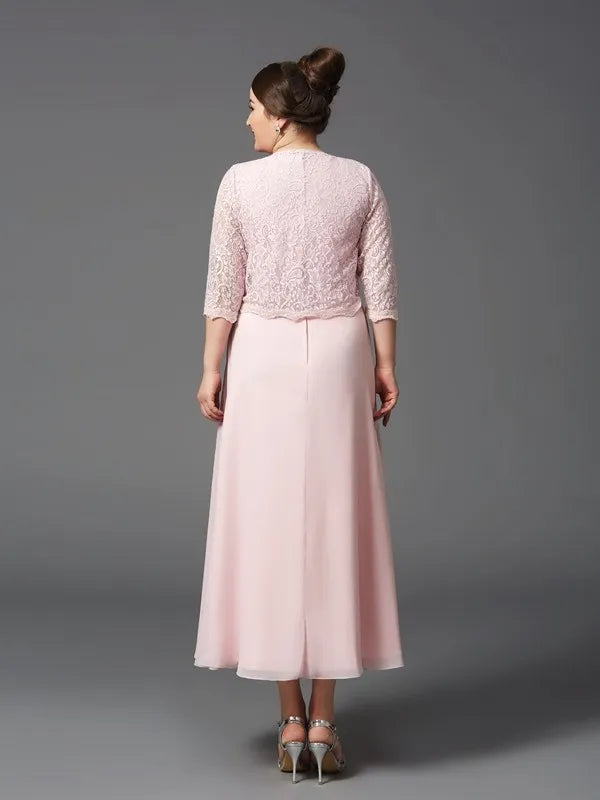 Charming A-Line Round Neck Three-Quarter Lace Jacket Zipper Back Tea-Length Mother Of The Bride Dresses