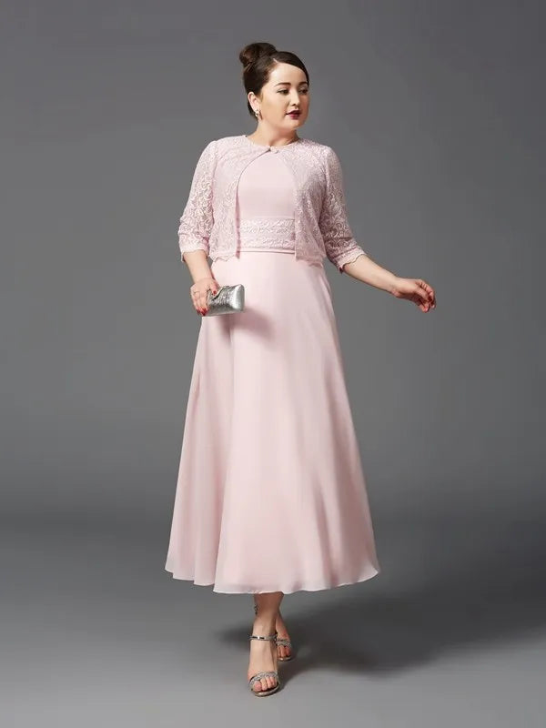 Charming A-Line Round Neck Three-Quarter Lace Jacket Zipper Back Tea-Length Mother Of The Bride Dresses