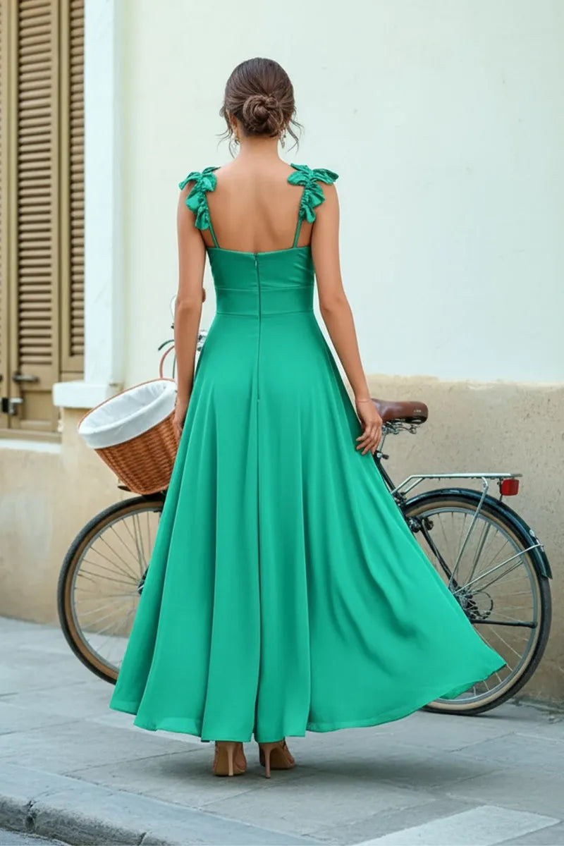 Charming A-Line Square-Neck Spaghetti-Strap Bow-Embellished Open-Back High-Low Prom Dress
