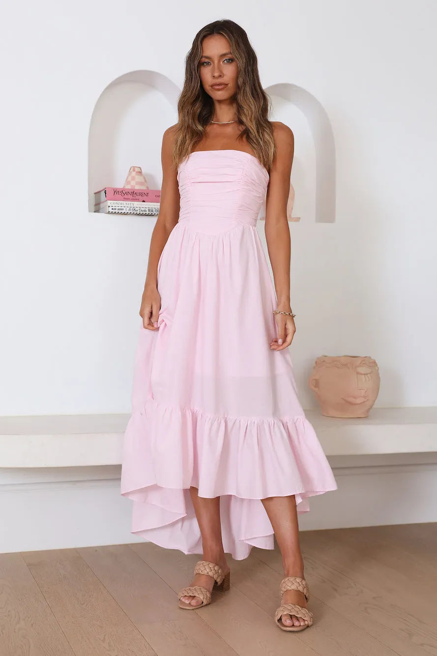 Charming A-Line Strapless Sleeveless Ruched Back High Low Formal Prom Dresses