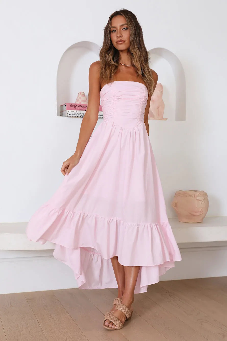 Charming A-Line Strapless Sleeveless Ruched Back High Low Formal Prom Dresses