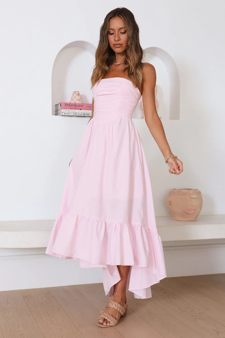 Charming A-Line Strapless Sleeveless Ruched Back High Low Formal Prom Dresses