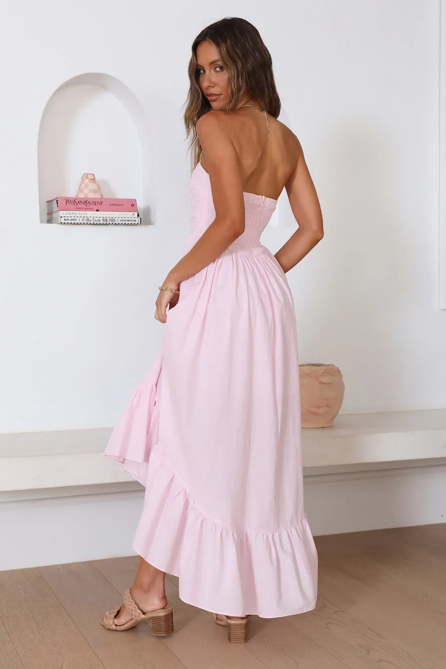 Charming A-Line Strapless Sleeveless Ruched Back High Low Formal Prom Dresses