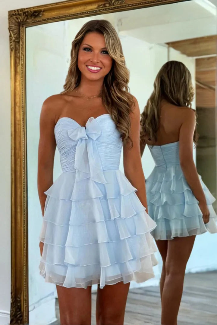 Charming  A-Line Strapless Sleeveless Ruffle Cut-out Zip-Back Short-Mini Homecoming Dress