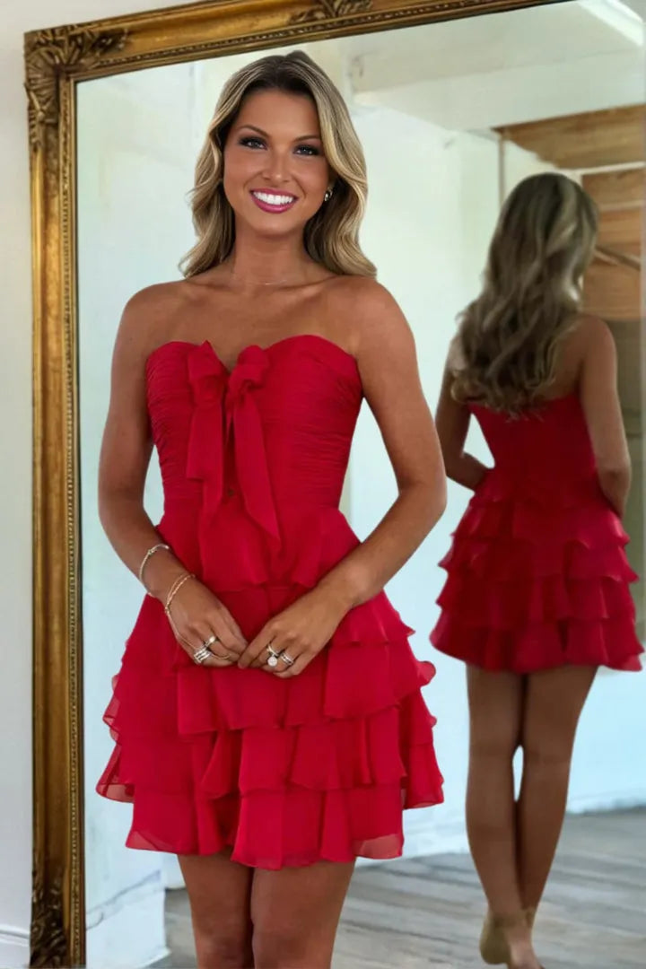 Charming  A-Line Strapless Sleeveless Ruffle Cut-out Zip-Back Short-Mini Homecoming Dress
