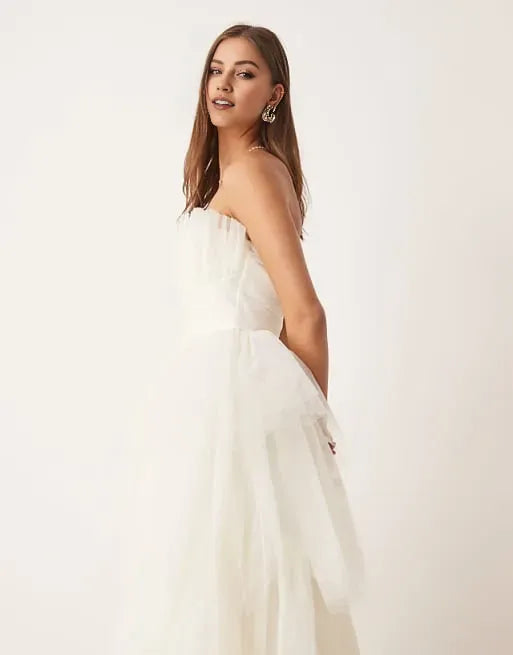 Charming A-Line Strapless Sleeveless Ruffled Tulle Back Zip Floor-Length Prom Dresses for female guests Hot Sale