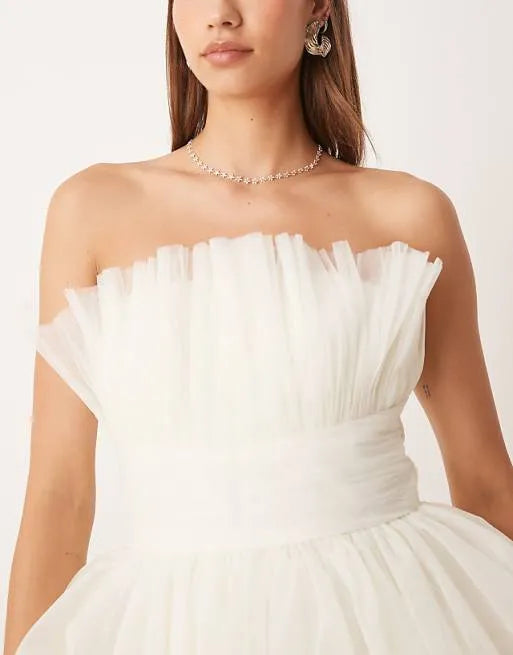 Charming A-Line Strapless Sleeveless Ruffled Tulle Back Zip Floor-Length Prom Dresses for female guests Hot Sale