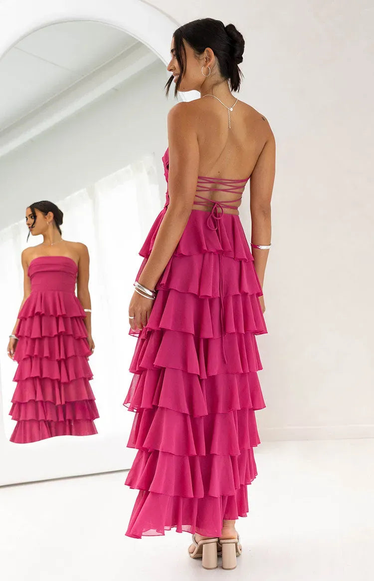 Charming A-Line Strapless Sleeveless Tiered Ruffle Lace-Up Back High Side Slit Ankle-Length Prom Dresses
