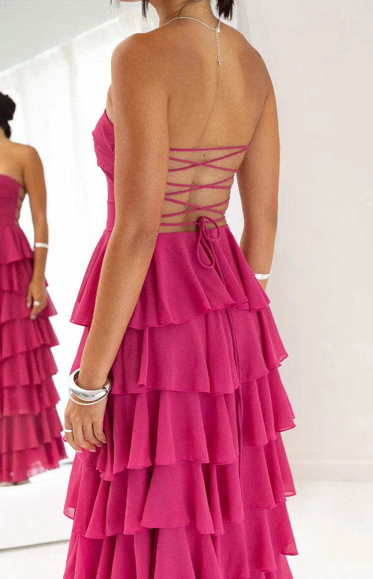 Charming A-Line Strapless Sleeveless Tiered Ruffle Lace-Up Back High Side Slit Ankle-Length Prom Dresses
