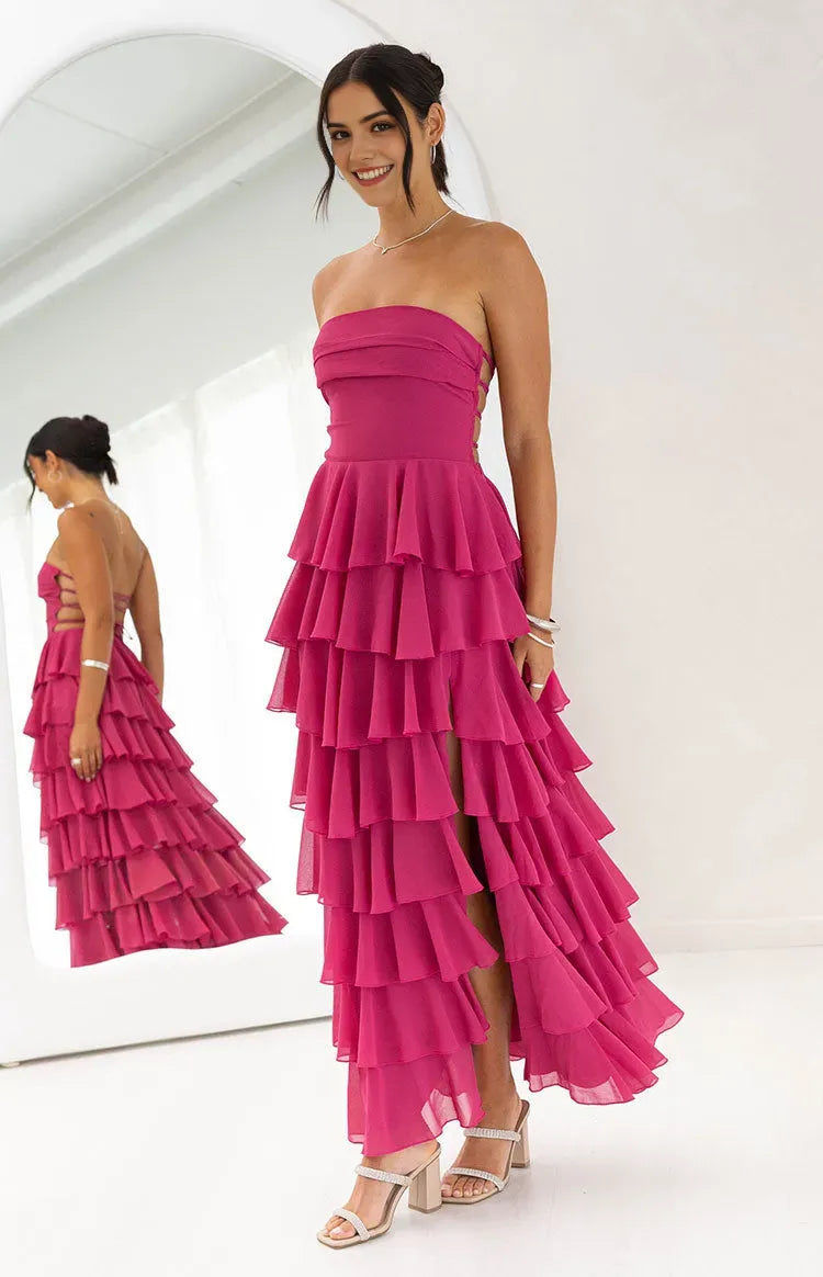 Charming A-Line Strapless Sleeveless Tiered Ruffle Lace-Up Back High Side Slit Ankle-Length Prom Dresses