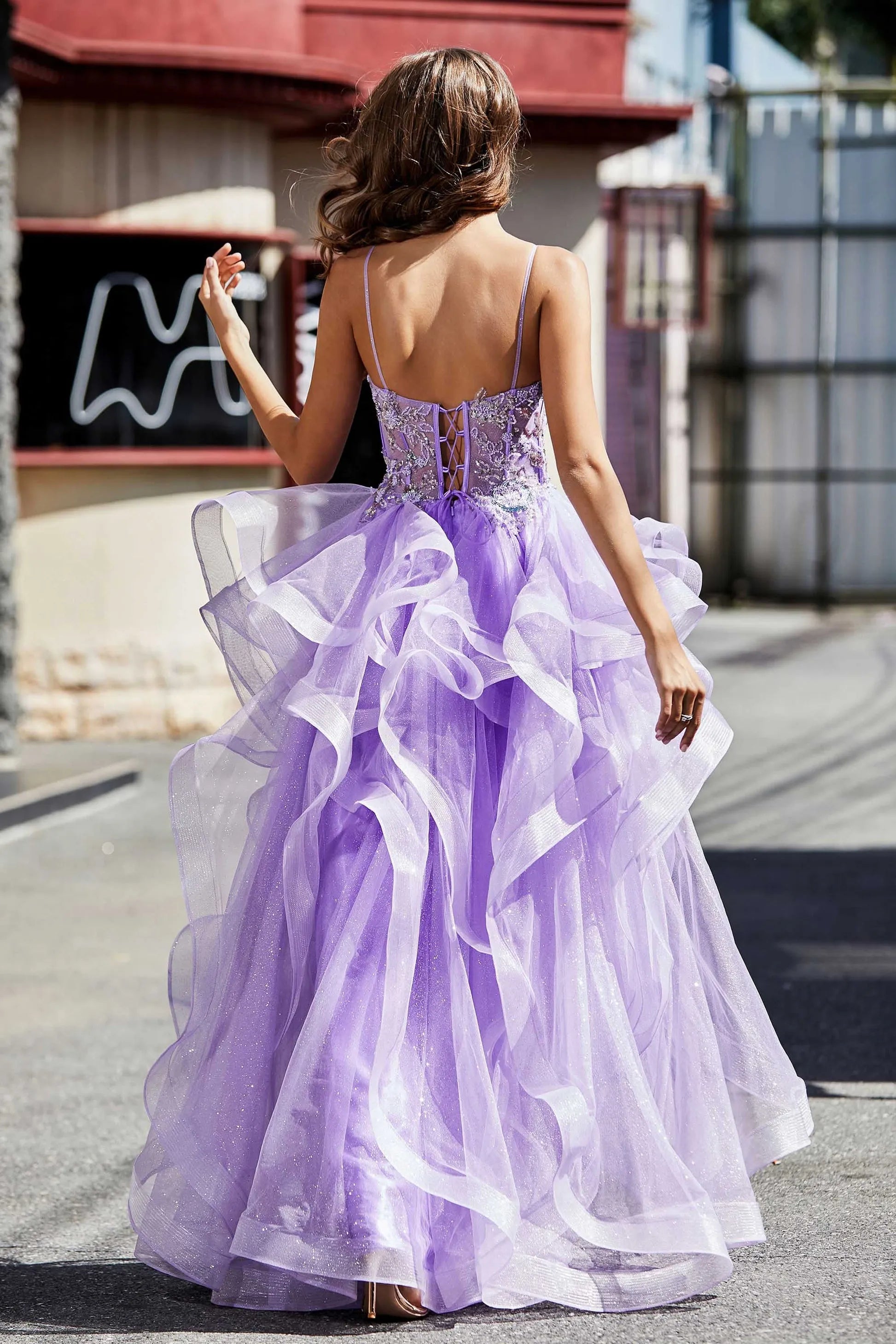 Charming A-Line Sweetheart Neck Spaghetti Straps Lace-Up-Back Tiered Ruffle Tulle Floor-Length Evening Dress