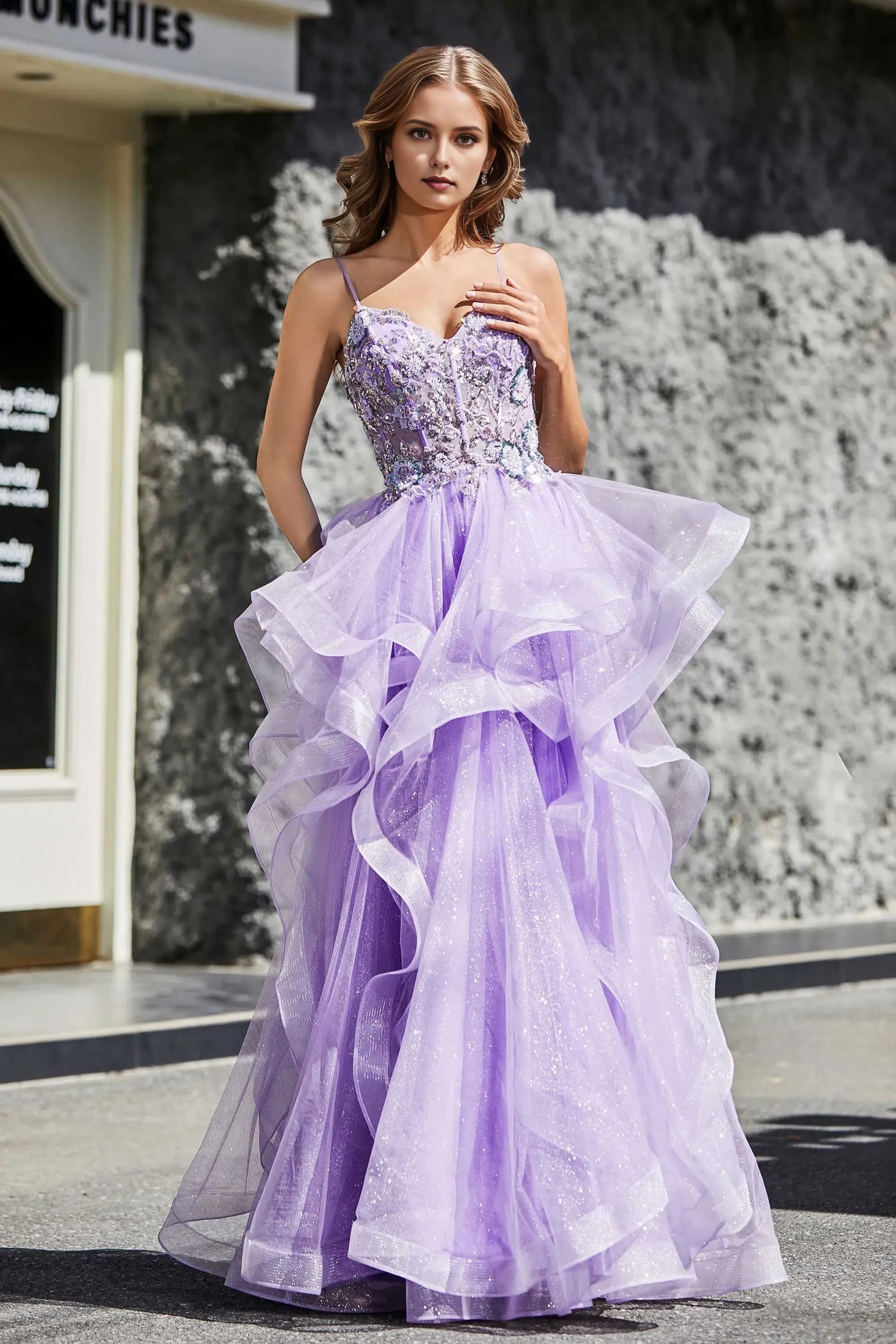 Charming A-Line Sweetheart Neck Spaghetti Straps Lace-Up-Back Tiered Ruffle Tulle Floor-Length Evening Dress