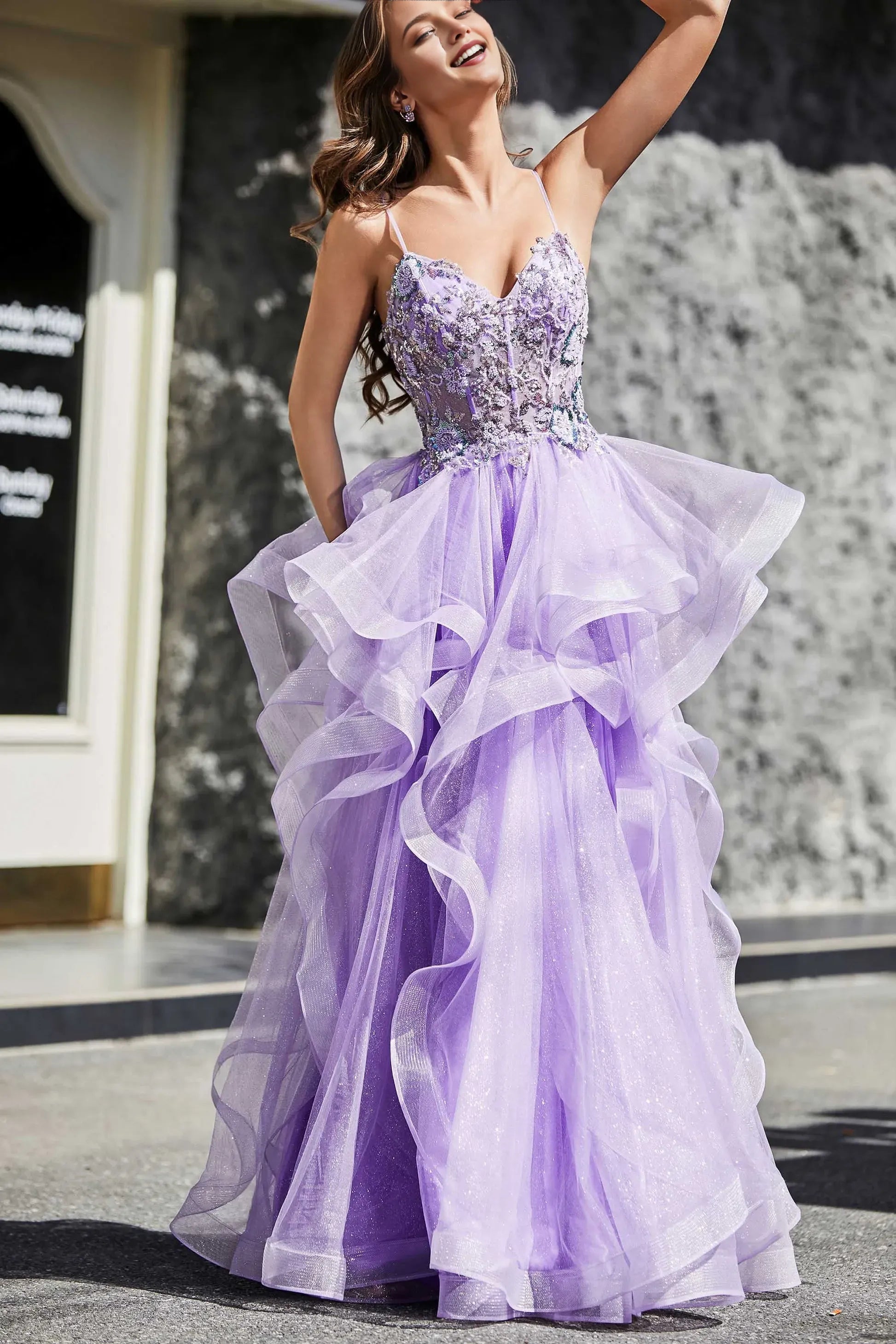 Charming A-Line Sweetheart Neck Spaghetti Straps Lace-Up-Back Tiered Ruffle Tulle Floor-Length Evening Dress