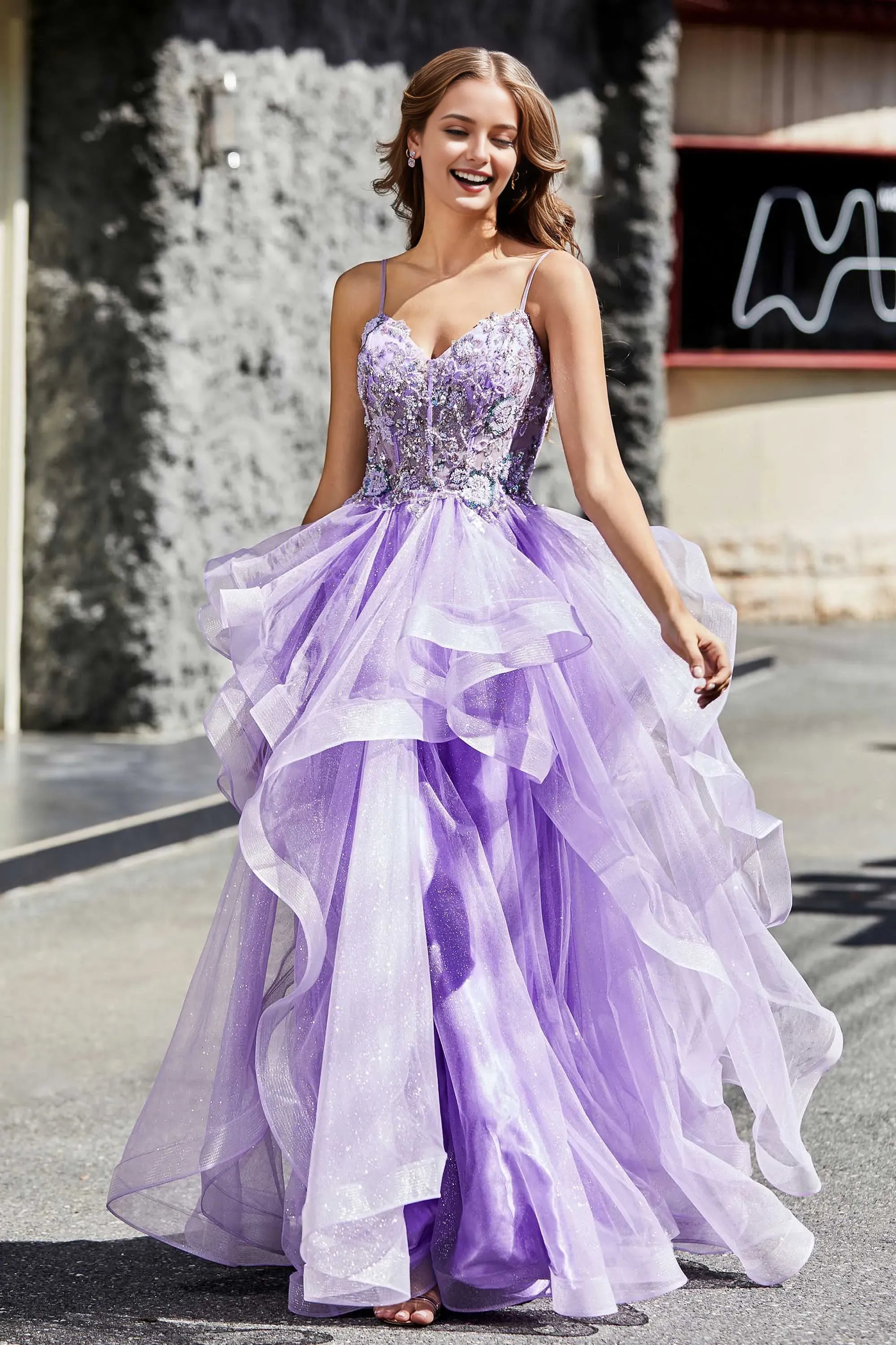 Charming A-Line Sweetheart Neck Spaghetti Straps Lace-Up-Back Tiered Ruffle Tulle Floor-Length Evening Dress