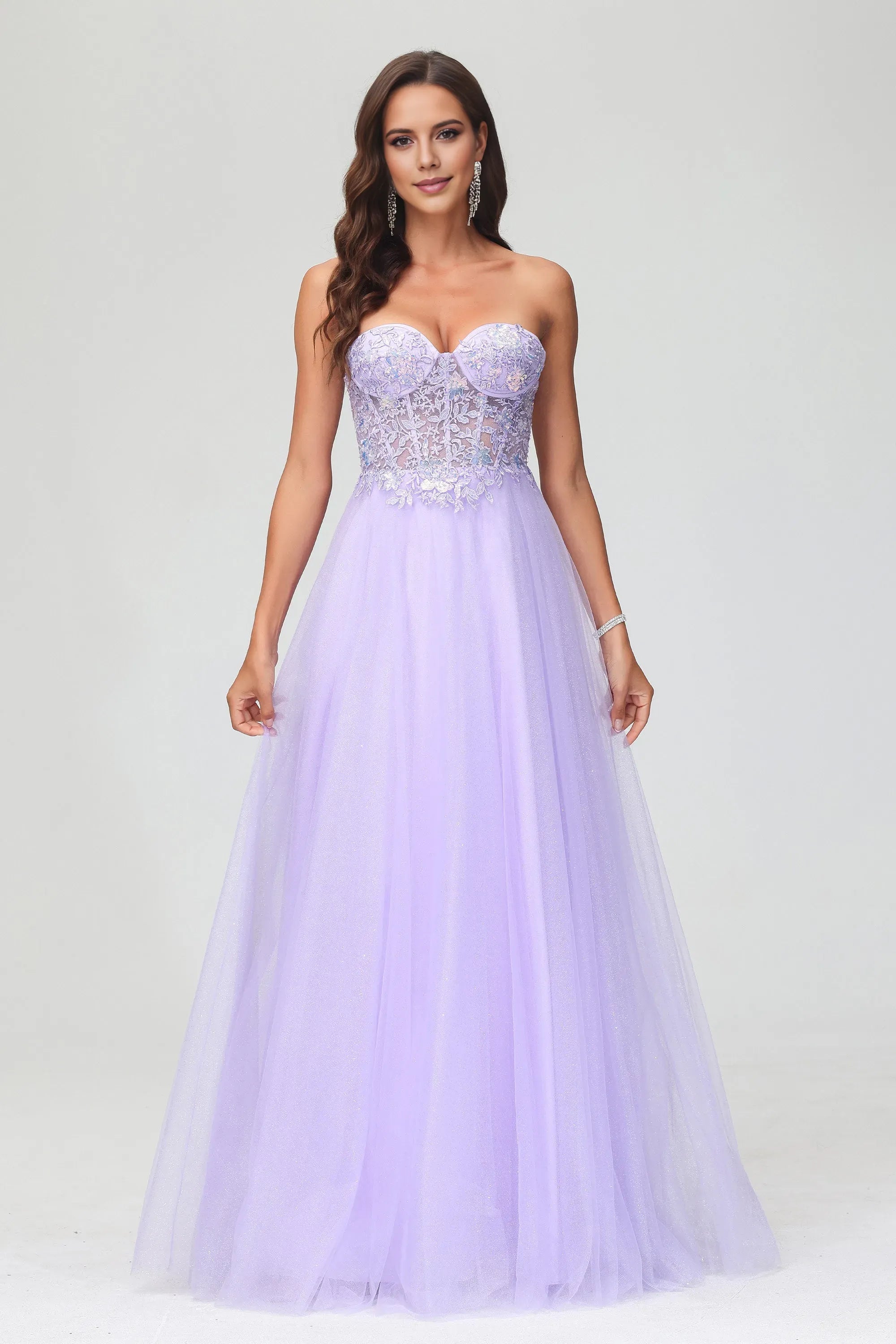 Charming A-Line Sweetheart Neck Strapless Back Zip Lace Glitter Tulle Applique Floor-Length Prom Dresses