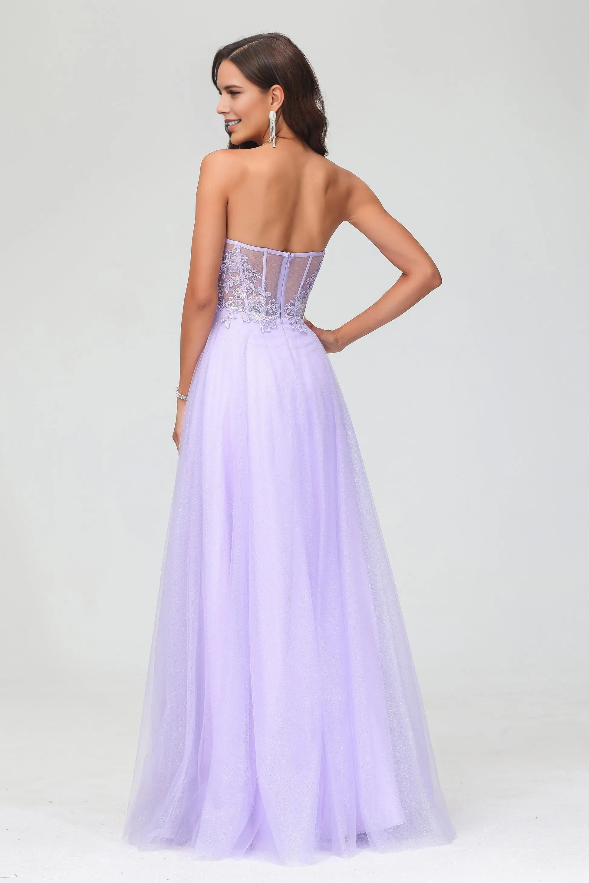Charming A-Line Sweetheart Neck Strapless Back Zip Lace Glitter Tulle Applique Floor-Length Prom Dresses