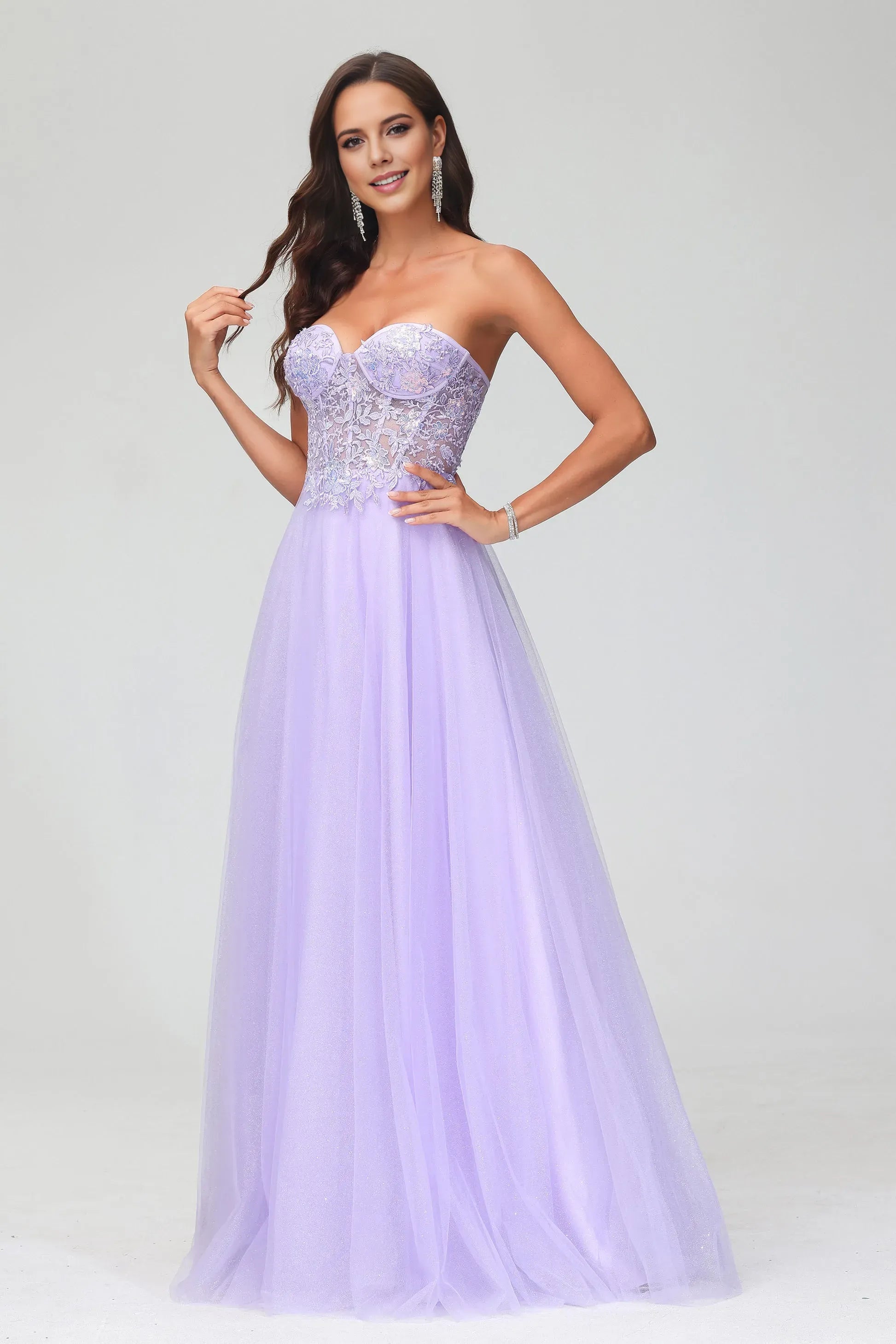 Charming A-Line Sweetheart Neck Strapless Back Zip Lace Glitter Tulle Applique Floor-Length Prom Dresses