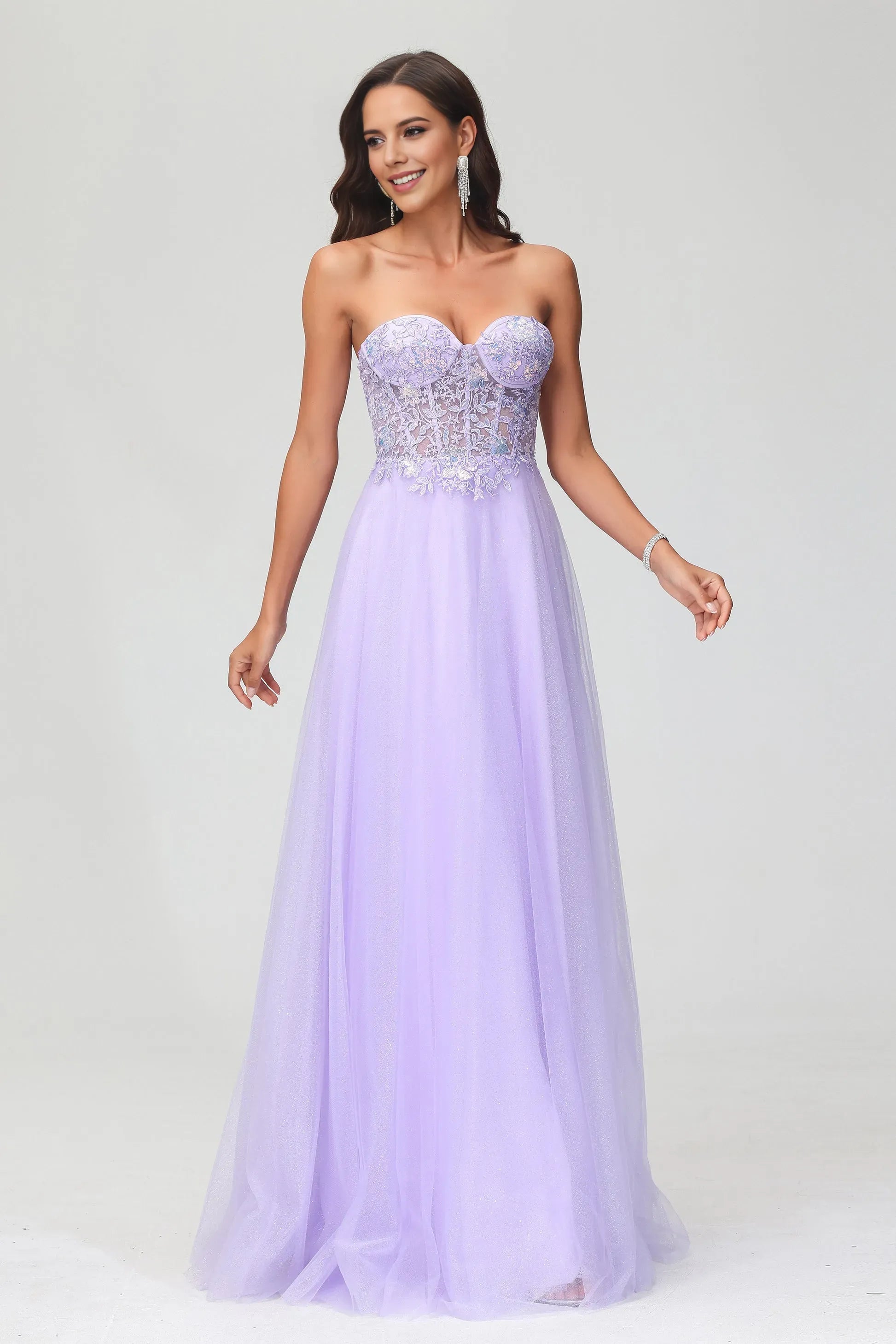 Charming A-Line Sweetheart Neck Strapless Back Zip Lace Glitter Tulle Applique Floor-Length Prom Dresses