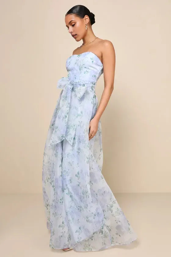 Charming A-Line Sweetness Strapless Back Zip Floor-Length Light Blue Floral Pleated Chiffon  Prom Dresses with Bow Detail