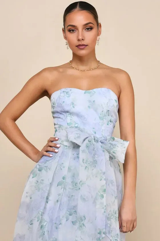 Charming A-Line Sweetness Strapless Back Zip Floor-Length Light Blue Floral Pleated Chiffon  Prom Dresses with Bow Detail