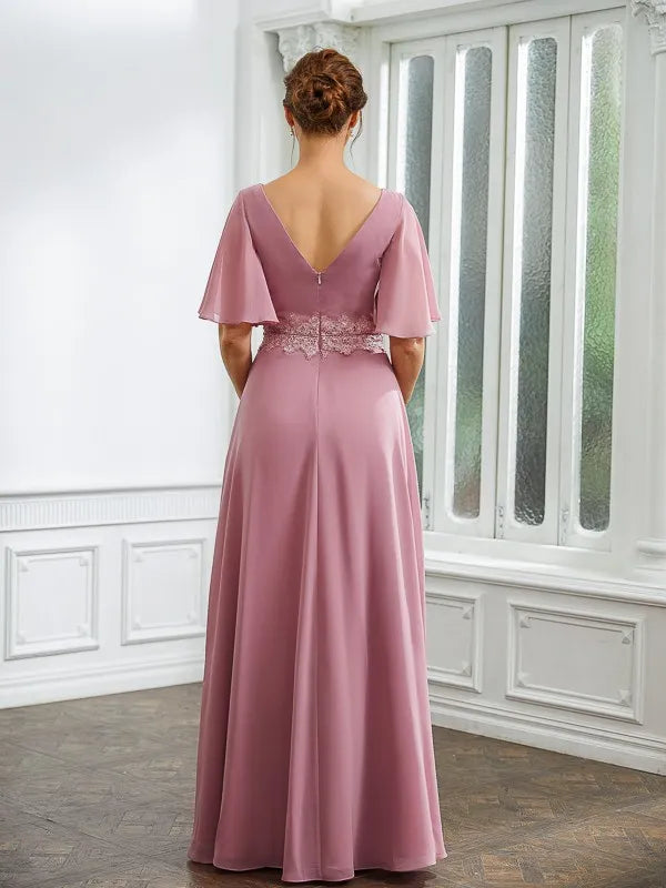 Charming A-Line V-Neck Flutter Sleeves V-Back Floor-Length Mother Of The Bride Dresses