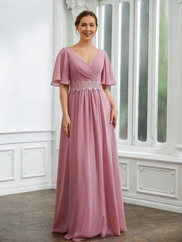 Charming A-Line V-Neck Flutter Sleeves V-Back Floor-Length Mother Of The Bride Dresses