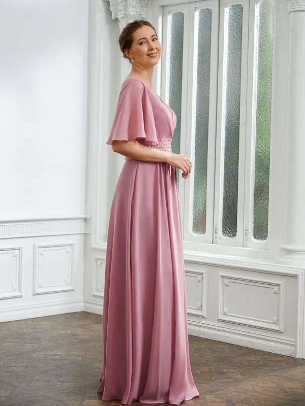 Charming A-Line V-Neck Flutter Sleeves V-Back Floor-Length Mother Of The Bride Dresses