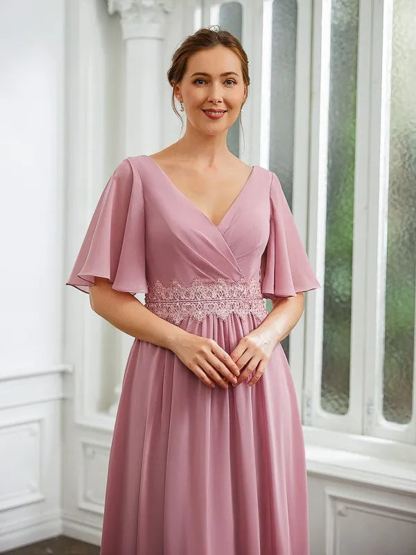 Charming A-Line V-Neck Flutter Sleeves V-Back Floor-Length Mother Of The Bride Dresses