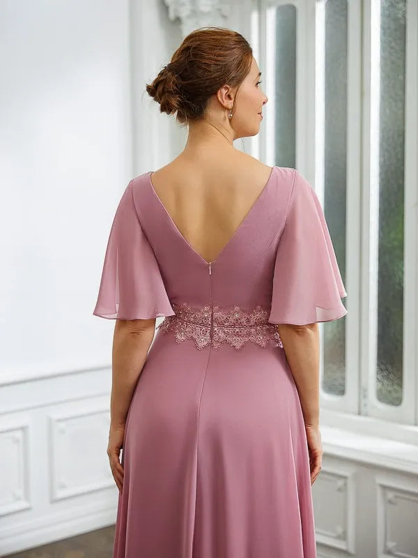 Charming A-Line V-Neck Flutter Sleeves V-Back Floor-Length Mother Of The Bride Dresses