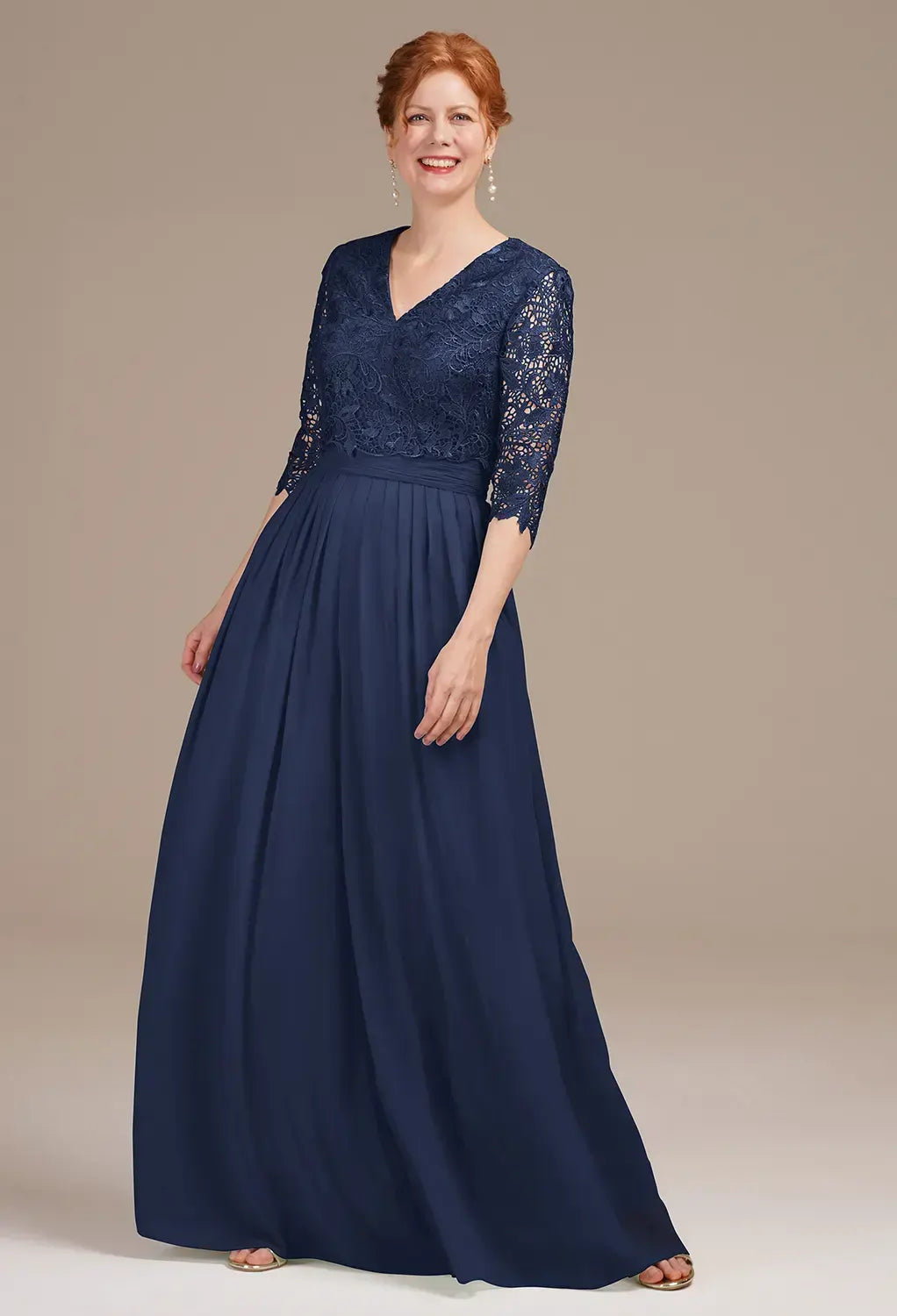 Charming A-Line V-Neck Lace Sleeve Zip Back Floor-Length Mother Of The Bride Dresses