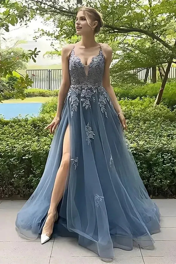 Charming A -Line V-Neck Spaghetti-Straps Crisscross Back Lace Appliques Tulle Floor-Length  High Side Slit Prom Dresses
