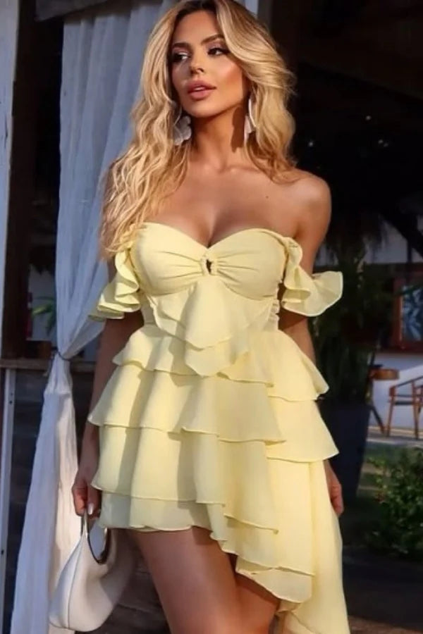 Charming Asymmetrical Sweetheart Neck Off-The-Shoulder Tie Back Mini Chiffon Tiered Homecoming Dresses