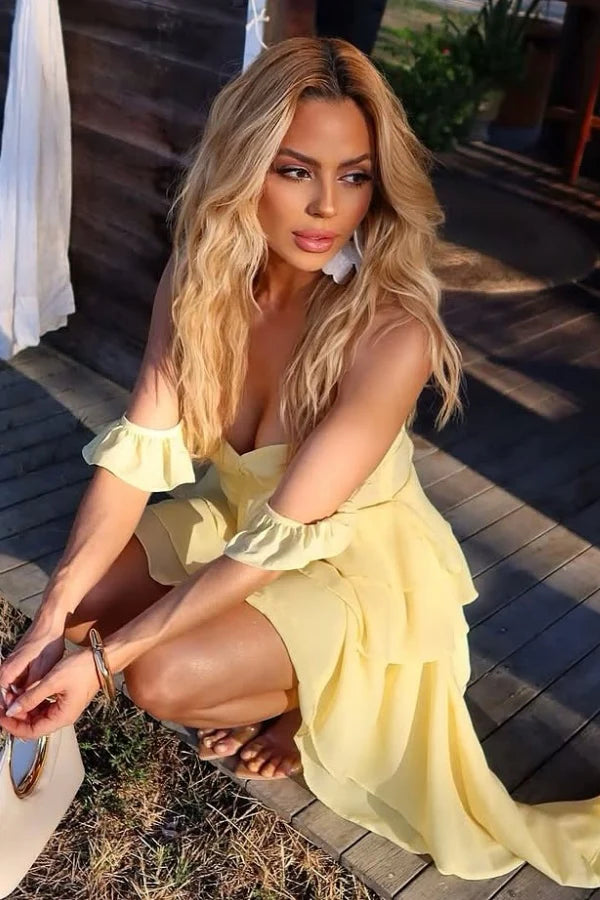 Charming Asymmetrical Sweetheart Neck Off-The-Shoulder Tie Back Mini Chiffon Tiered Homecoming Dresses