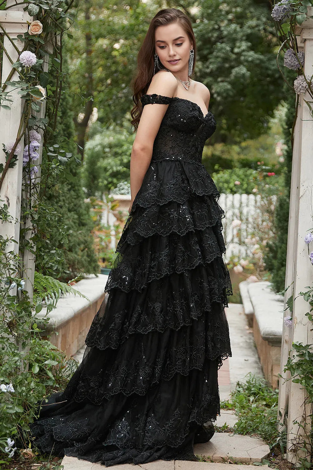 Charming Black  A-Line Off-Shoulder Short-Sleeve Tiered Open-Back Back Zip Floor-Length Prom Dress with hot sale