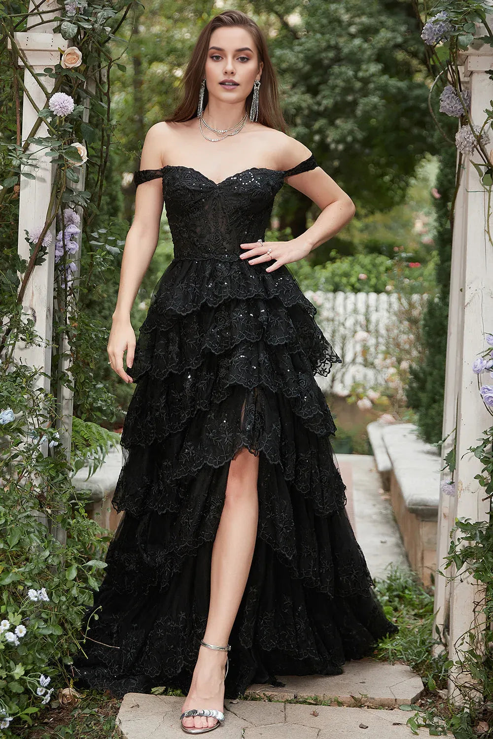 Charming Black  A-Line Off-Shoulder Short-Sleeve Tiered Open-Back Back Zip Floor-Length Prom Dress with hot sale