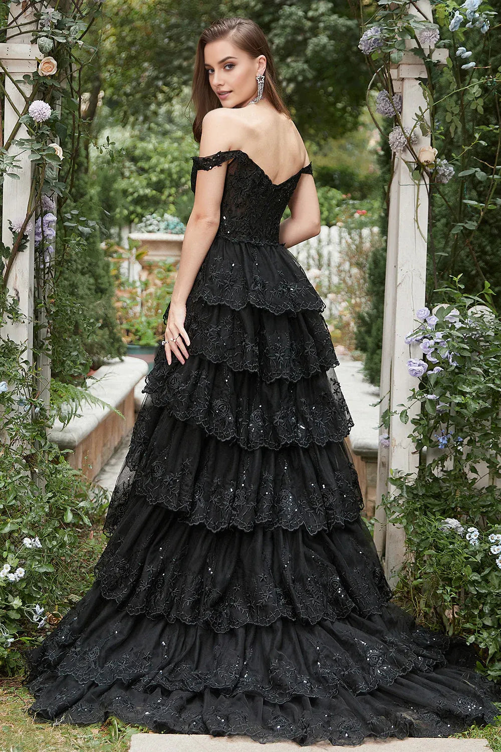 Charming Black  A-Line Off-Shoulder Short-Sleeve Tiered Open-Back Back Zip Floor-Length Prom Dress with hot sale