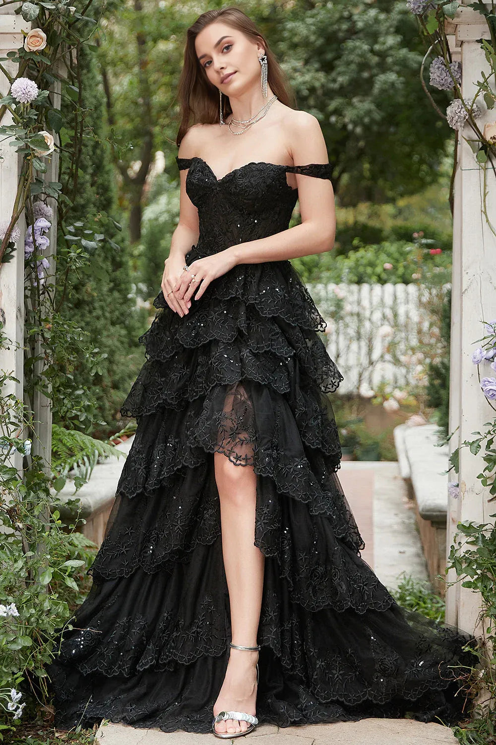 Charming Black  A-Line Off-Shoulder Short-Sleeve Tiered Open-Back Back Zip Floor-Length Prom Dress with hot sale