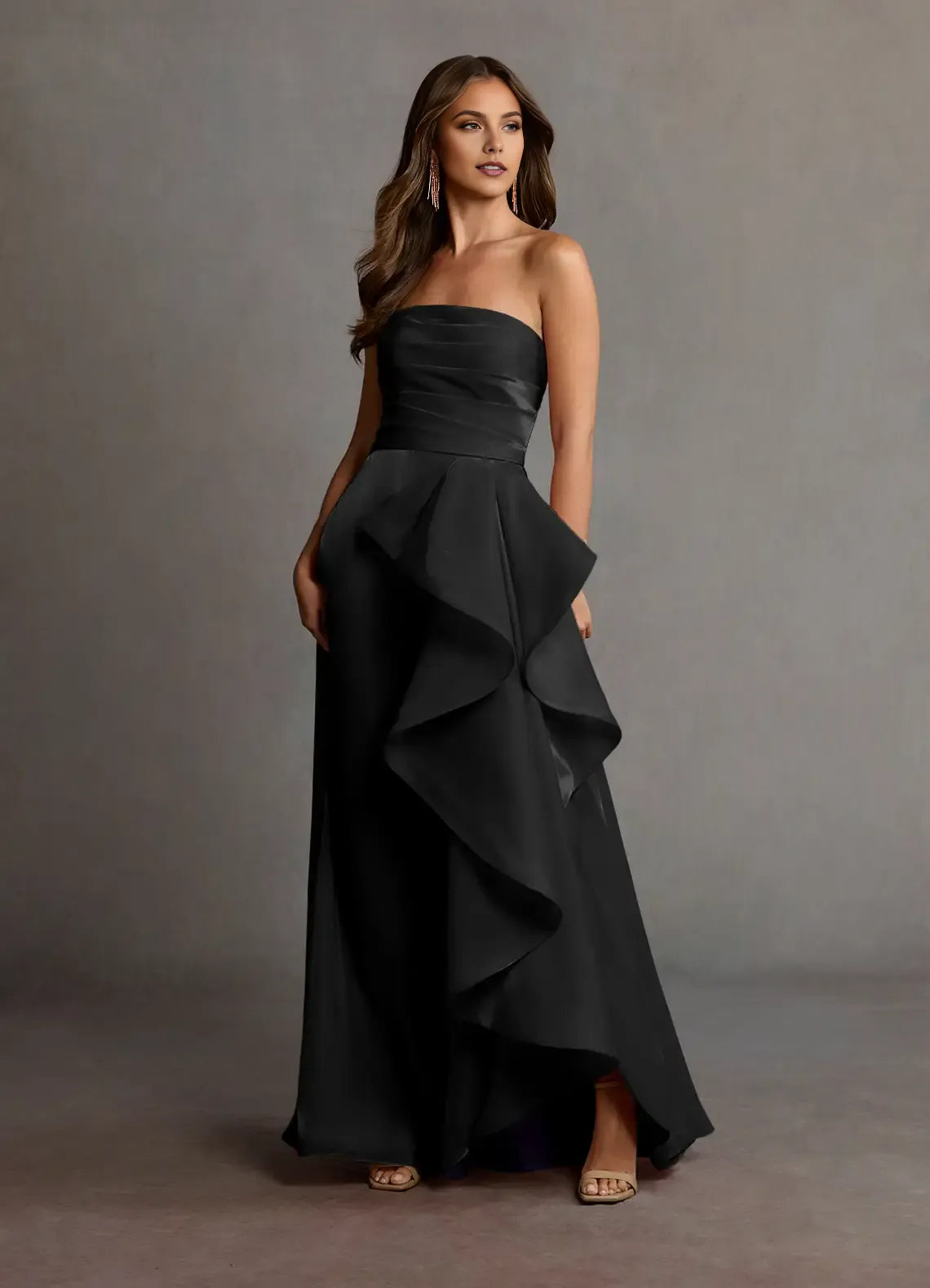 Charming Black A-Line Spaghetti Straps Sleeveless Back Zip Asymmetric Ruffle Floor-Length Prom Dresses ﻿
