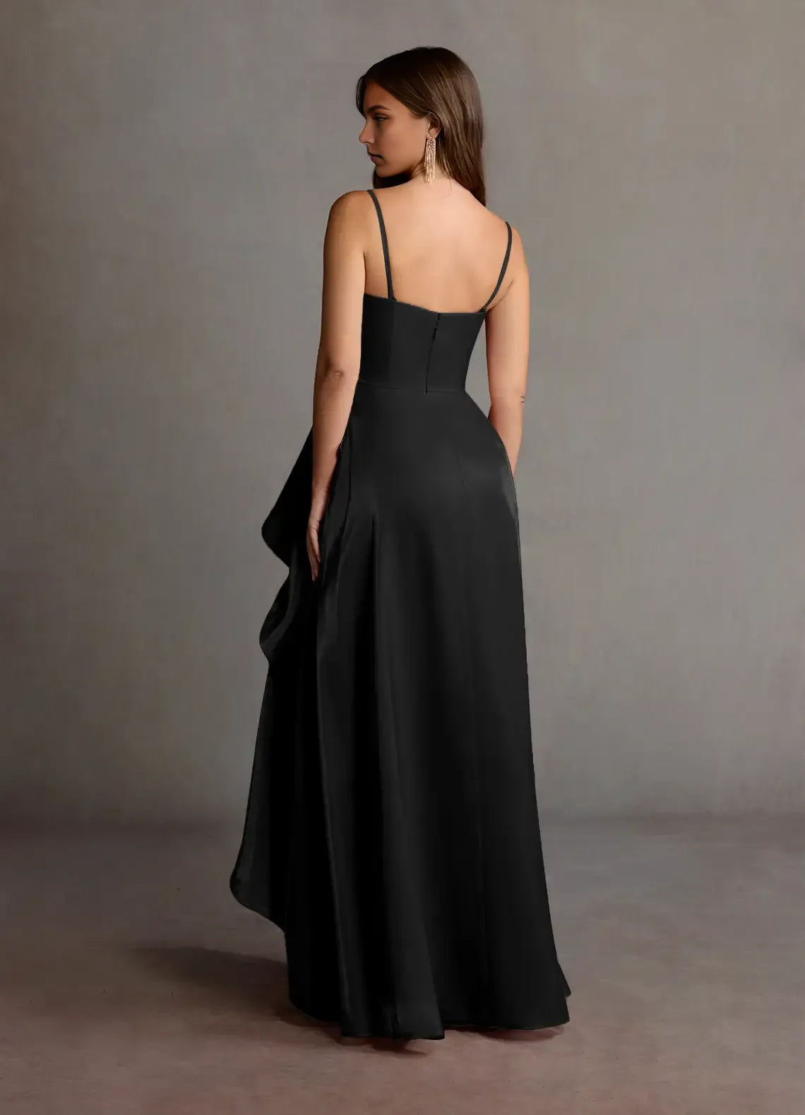 Charming Black A-Line Spaghetti Straps Sleeveless Back Zip Asymmetric Ruffle Floor-Length Prom Dresses ﻿