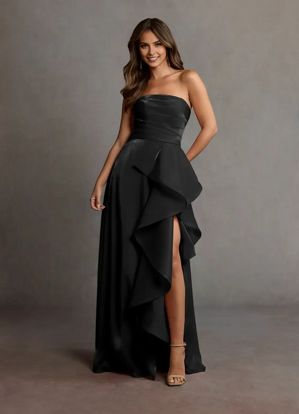 Charming Black A-Line Spaghetti Straps Sleeveless Back Zip Asymmetric Ruffle Floor-Length Prom Dresses ﻿