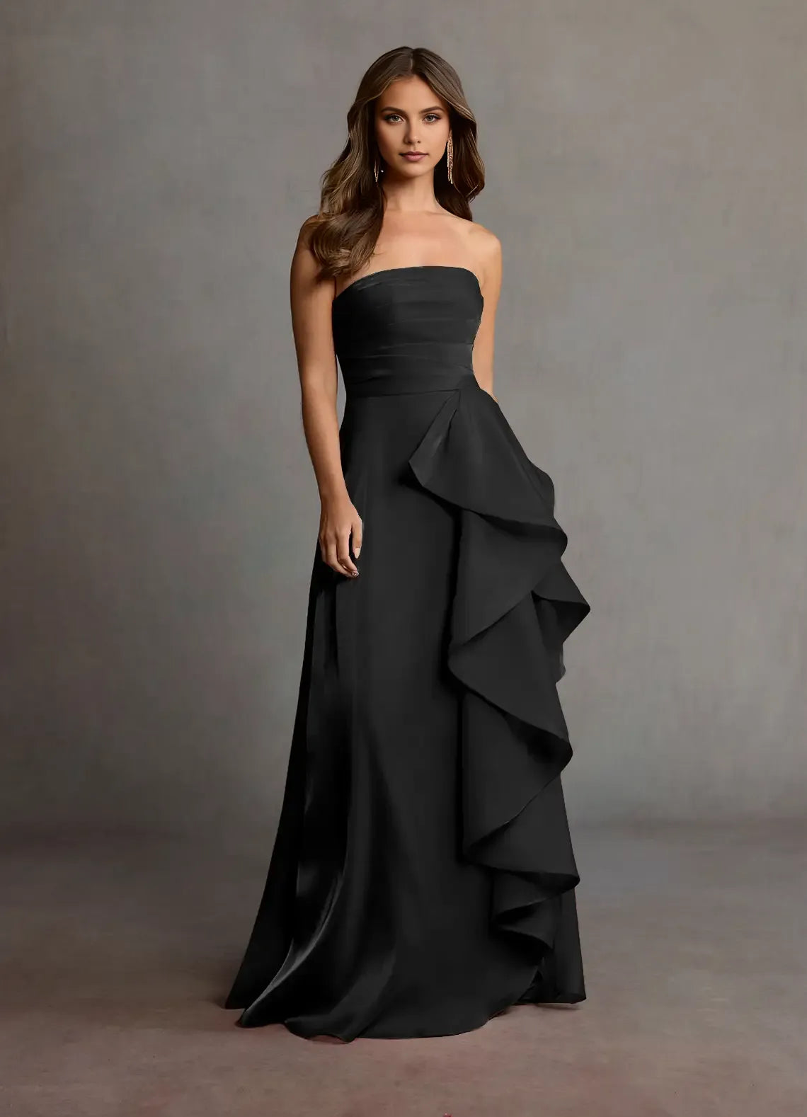 Charming Black A-Line Spaghetti Straps Sleeveless Back Zip Asymmetric Ruffle Floor-Length Prom Dresses ﻿