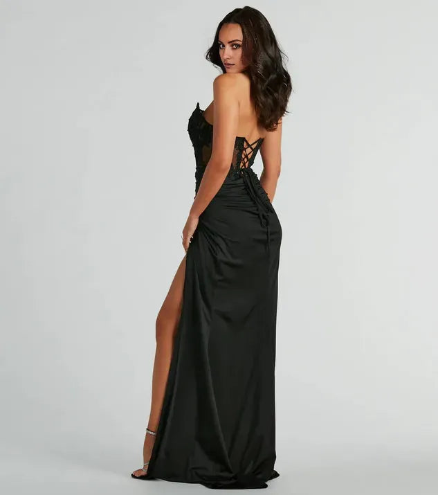 Charming Black Mermaid Strapless Sleeveless Lace Embellished Lace Up High-Slit Floor-Length Prom Dresses Hot Sale