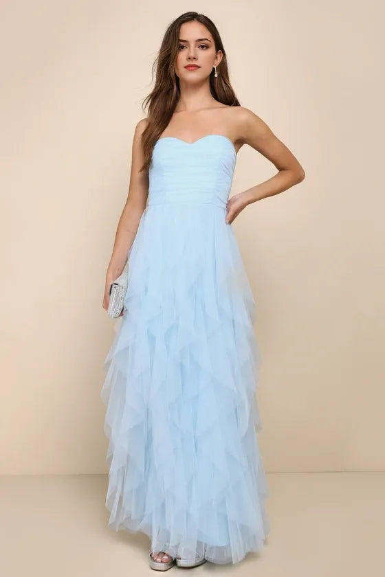 Charming Blue A-Line Strapless Sleeveless Back Zip Floor-Length Ruched Tiered Tulle Prom Dresses