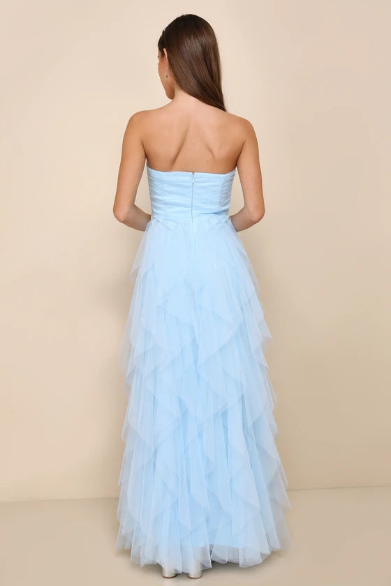 Charming Blue A-Line Strapless Sleeveless Back Zip Floor-Length Ruched Tiered Tulle Prom Dresses