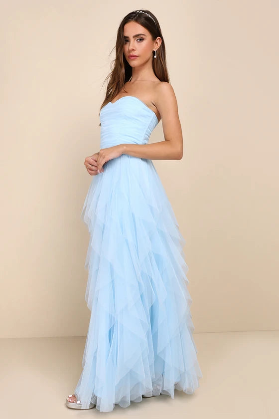 Charming Blue A-Line Strapless Sleeveless Back Zip Floor-Length Ruched Tiered Tulle Prom Dresses