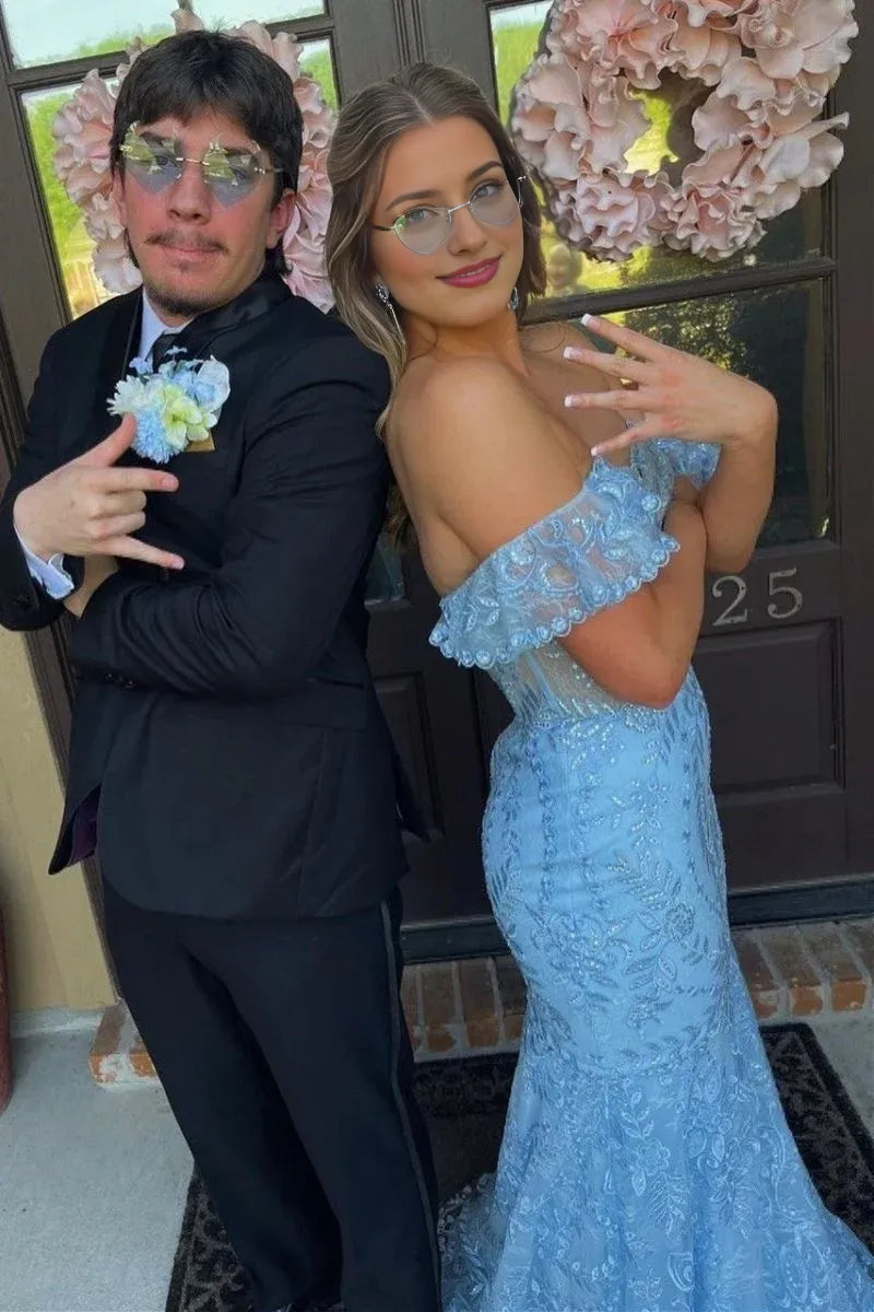 Charming Blue Mermaid Off-Shoulder Sleeveless Floral Lace Ruffle Back Zip Floor-Length Prom Dress