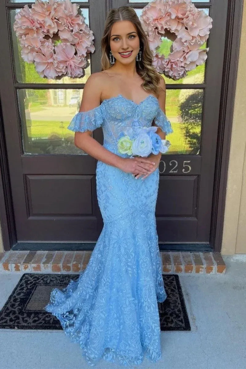 Charming Blue Mermaid Off-Shoulder Sleeveless Floral Lace Ruffle Back Zip Floor-Length Prom Dress
